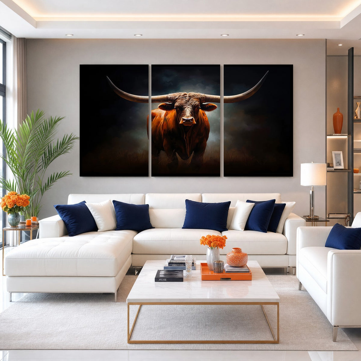 48896-MGV-CV-24X16 - Abstract Texas Longhorn Wall Art Print | 3-Panel Large Texas Longhorn Canvas