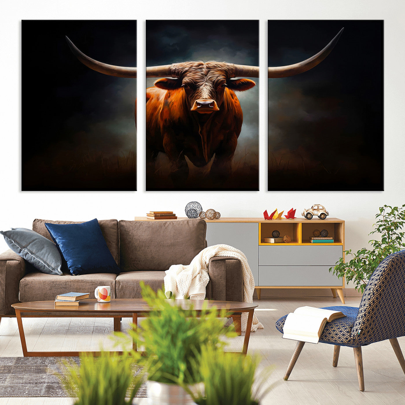MGV-CV-60X30-3P - Abstract Texas Longhorn Wall Art Print | 3-Panel Large Texas Longhorn Canvas Print for Living Room, Office  Farmhouse Decor | Framed Longhorn Wall Art