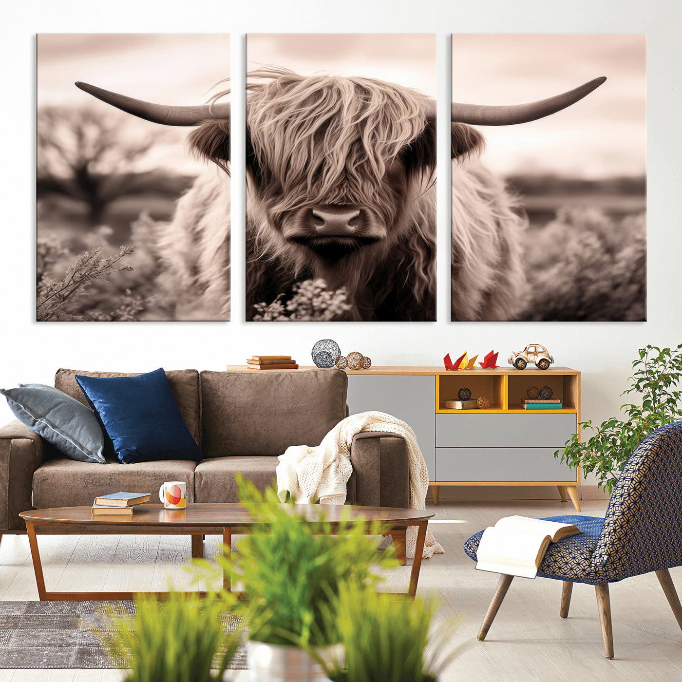 MGV-CV-60X30-3P - Scottish Cow Longhorn Wall Art Canvas Print