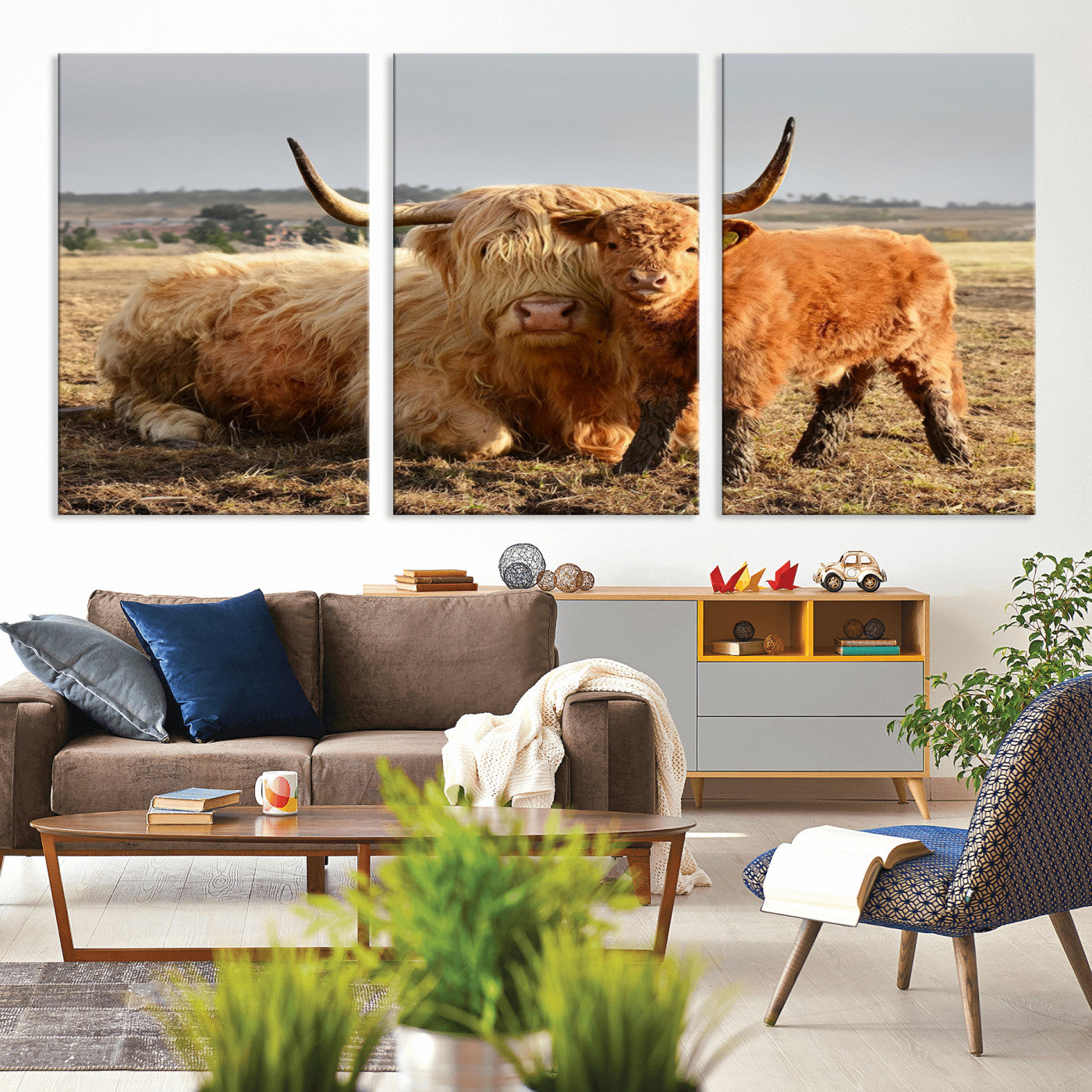 MGV-CV-60X30-3P - Highland Cow Canvas Wall Art Animal Print for Farm House Decor