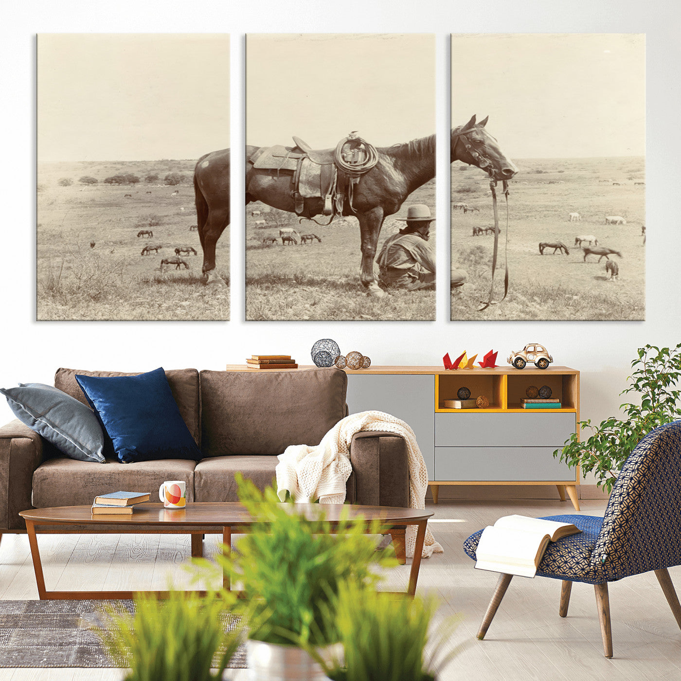 MGV-CV-60X30-3P - Cowboy Wall Art - Western Horse Canvas Print - Vintage Western Wall Art Canvas Print, Ready to Hang