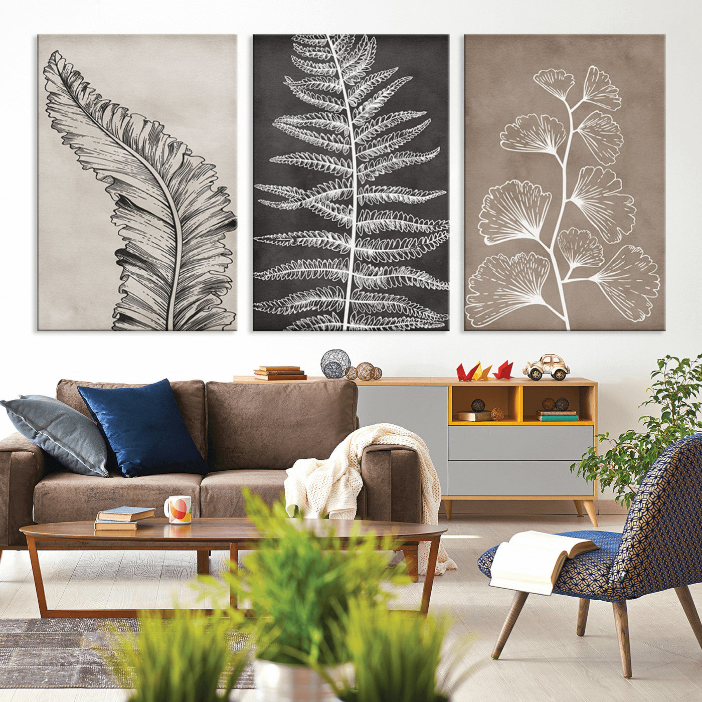MGV-CV-60X30-3P - Minimalist Botanical Wall Art Canvas Print, Framed and Ready to Hang - Nature Art Print for Home