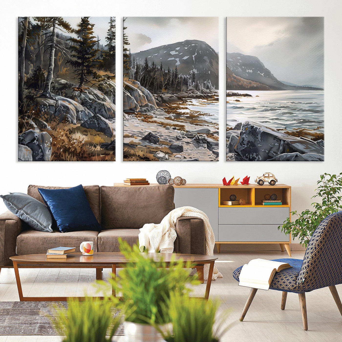 -Serene Coastal View of Acadia National Park - Stunning 3-Panel Wall Art Canvas Print, Framed, Ready