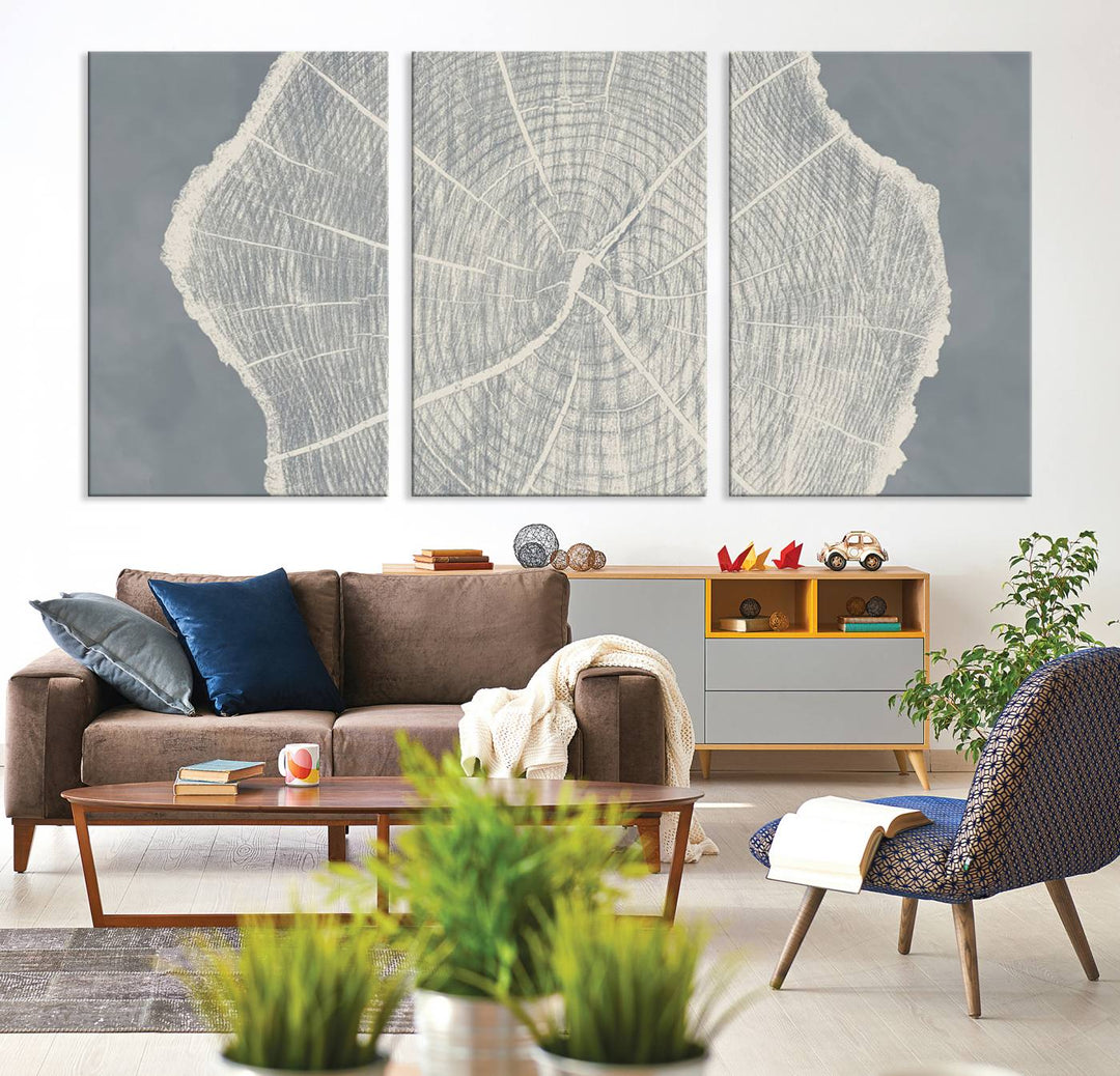 A gray wall displays the Abstract Tree Ring Wall Art print.