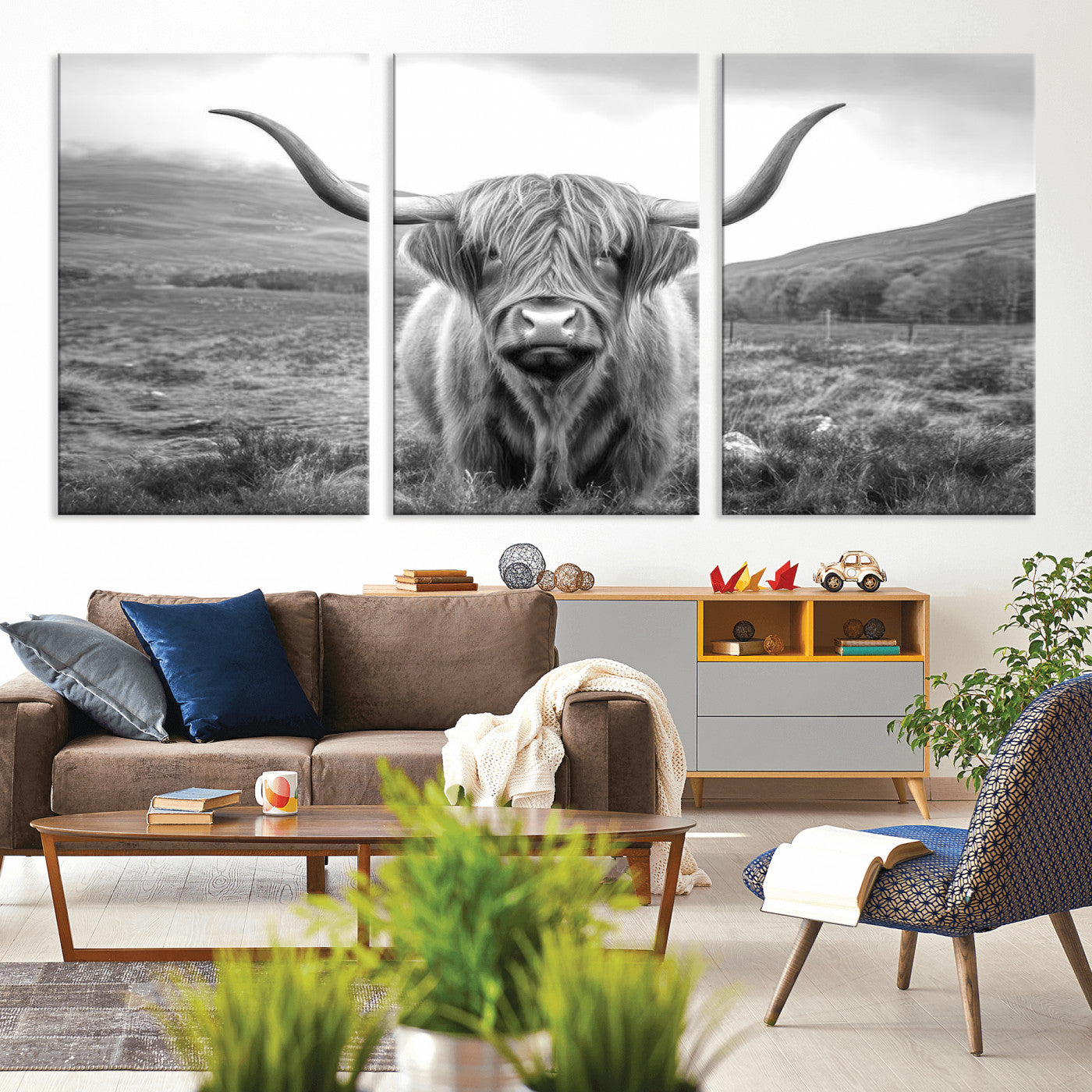 MGV-CV-60X30-3P - Black White Scottish Highland Cow Canvas Farm Wall Art Canvas Print