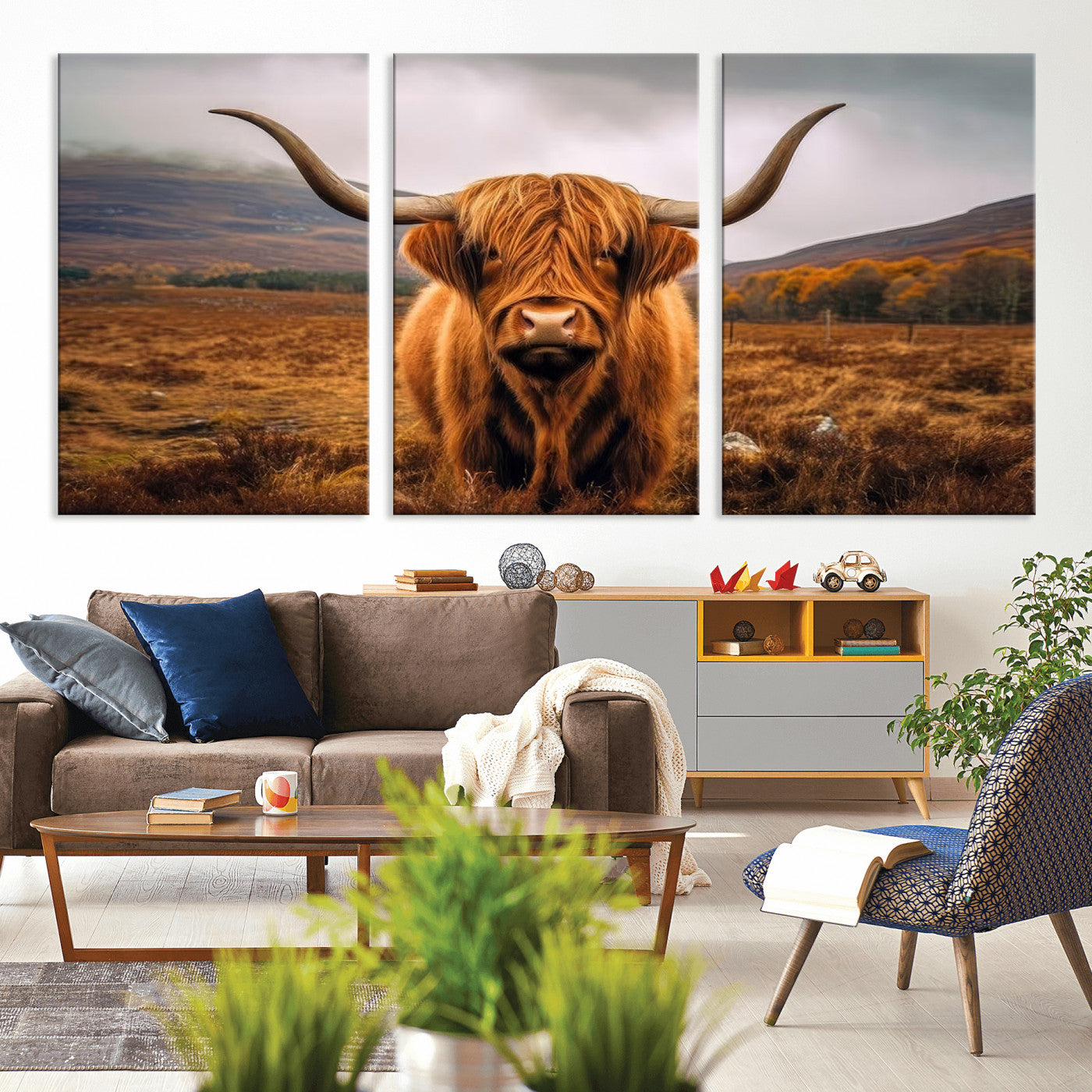 -Highland Cow Longhorn Wall Art – Rustic Canvas Print, Framed and Ready to Hang for Farmhouse Décor