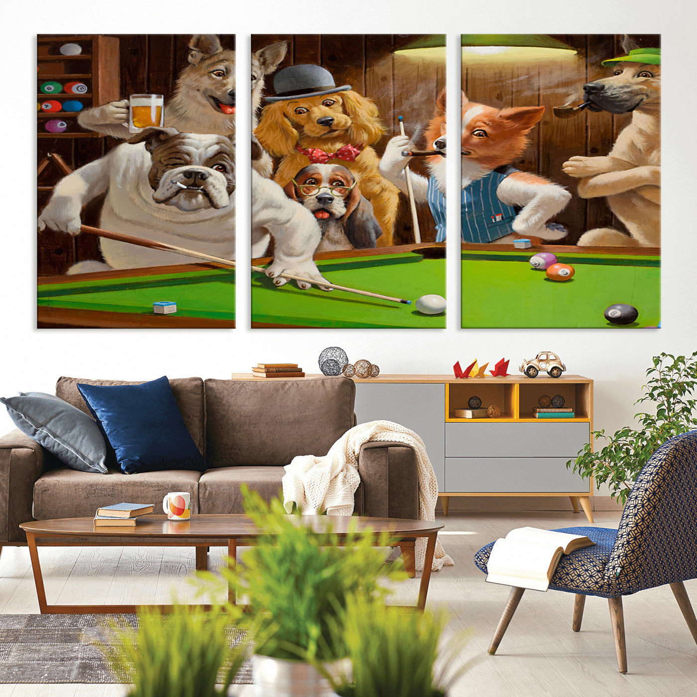 MGV-CV-60X30-3P - Dogs Playing Pool Canvas Wall Art Funny Gifts Dog Print