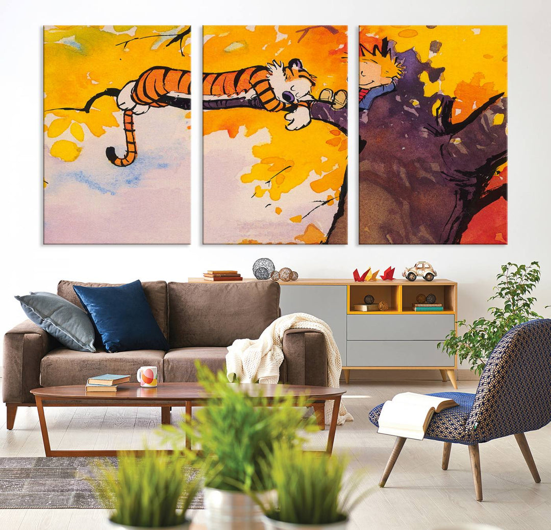 Premium canvas Calvin Wall Arts featuring a boy and tiger relaxing on a branch.