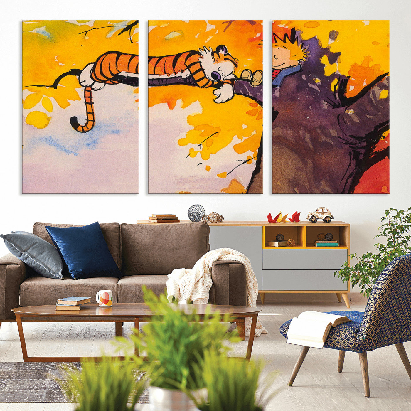 MGV-CV-60X30-3P - Calvin and Hobbes Tree Scene Canvas Print | 3 Panel Large Wall Art for Living Room or Kid’s Room,