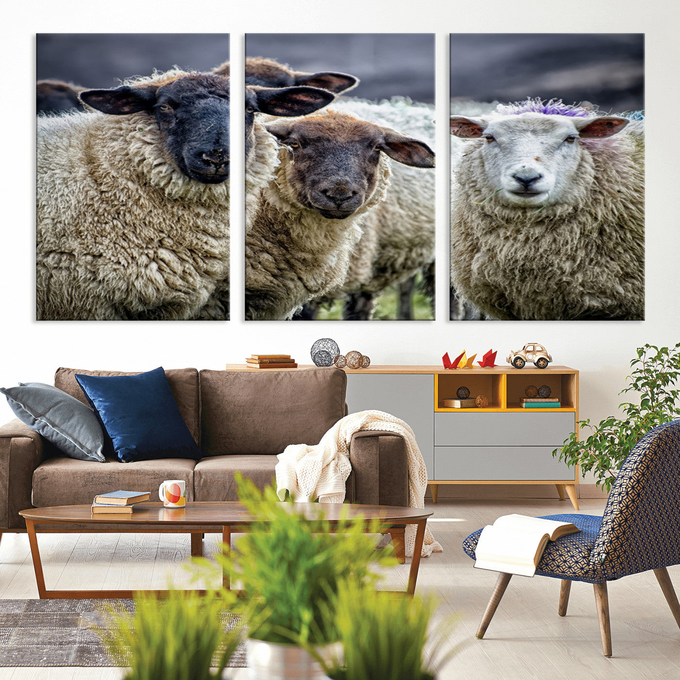 -Charming Sheep Portrait Wall Art – Trio of Woolly Companions Canvas Print, Framed, Ready to Hang