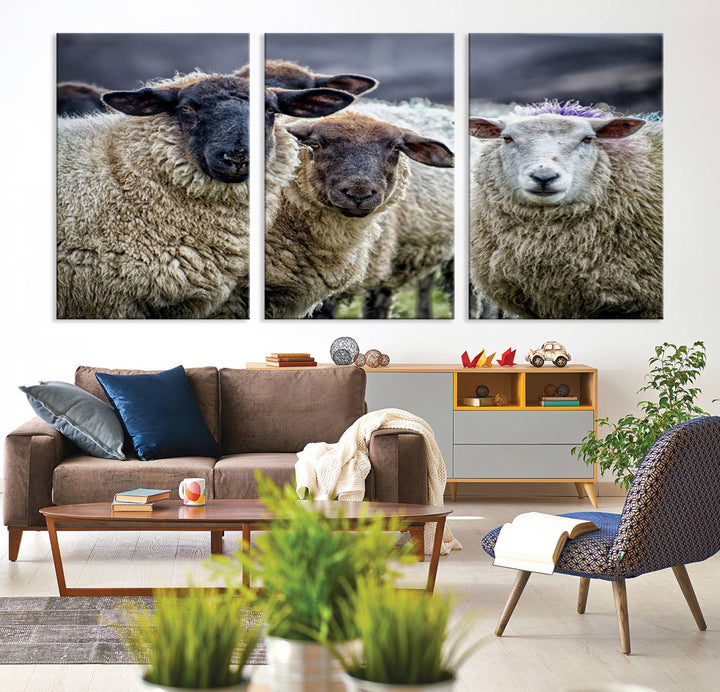 The Charming Sheep Portrait Wall Art hangs on a wooden wall.