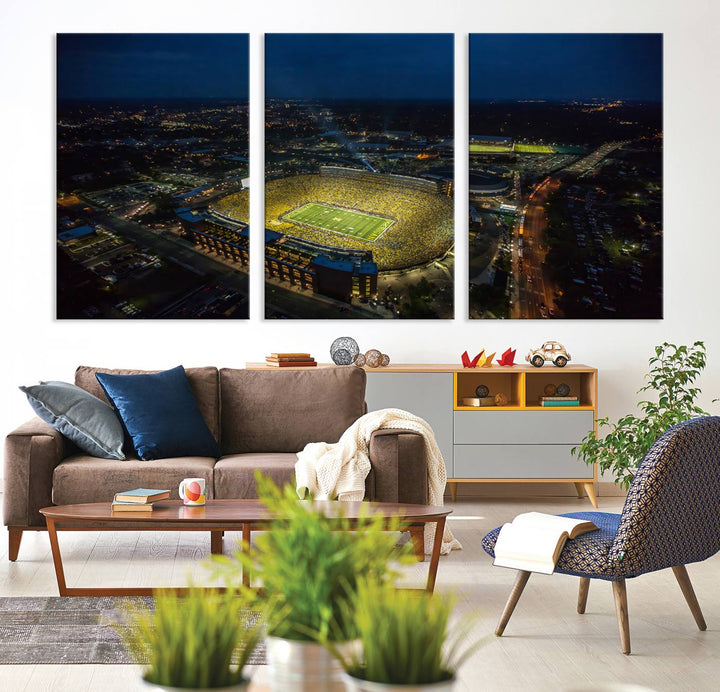 Aerial view of Michigan Stadium nightlife on canvas – Framed, ready-to-hang sports arena wall art.