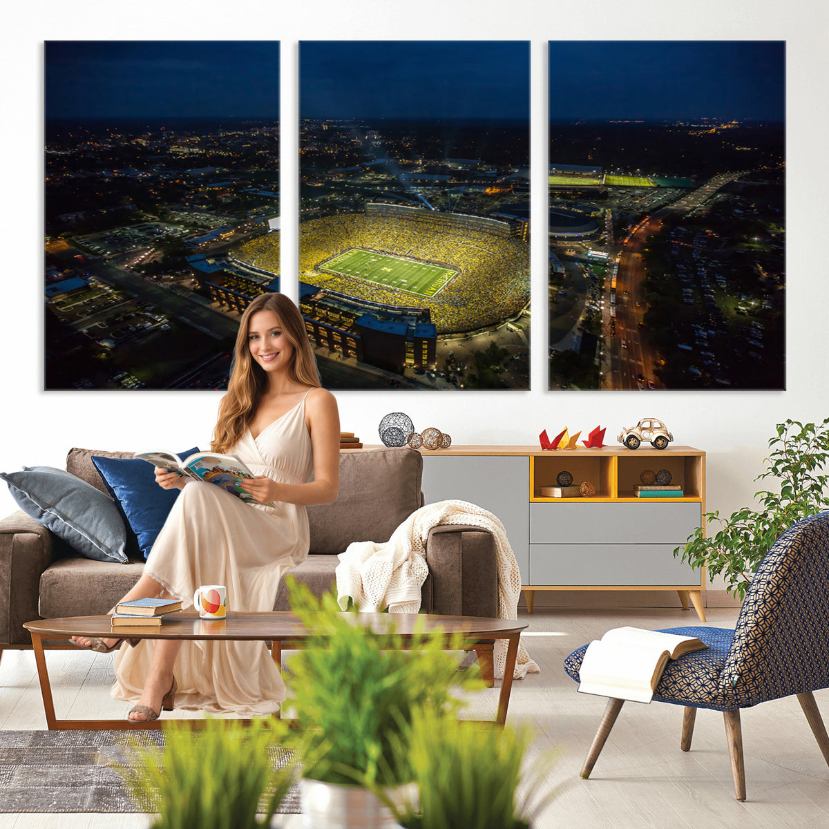 33588-MGV-CV-36X24 - Michigan Stadium Night Game Wall Art | Sports Arena Aerial View Canvas