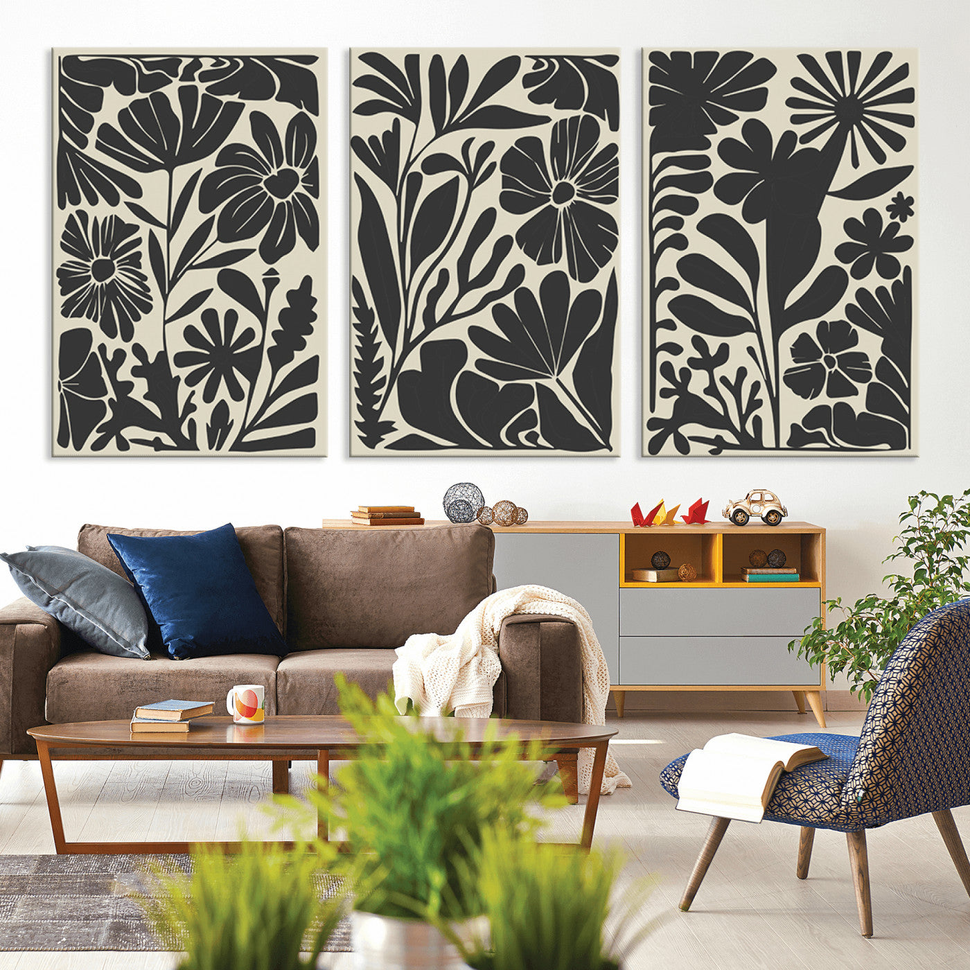 MGV-CV-60X30-3P - Modern Botanical Wall Art - Floral Black and White Canvas Print, Framed, Ready to Hang