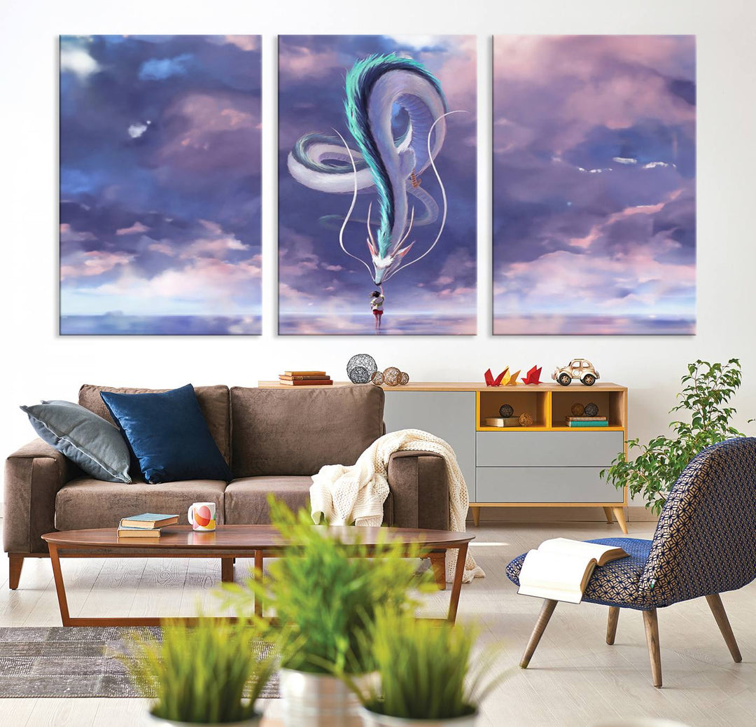 The Spirited Away Haku and Chihiro poster captures a cherished scene for anime lovers under a colorful, cloudy sky.