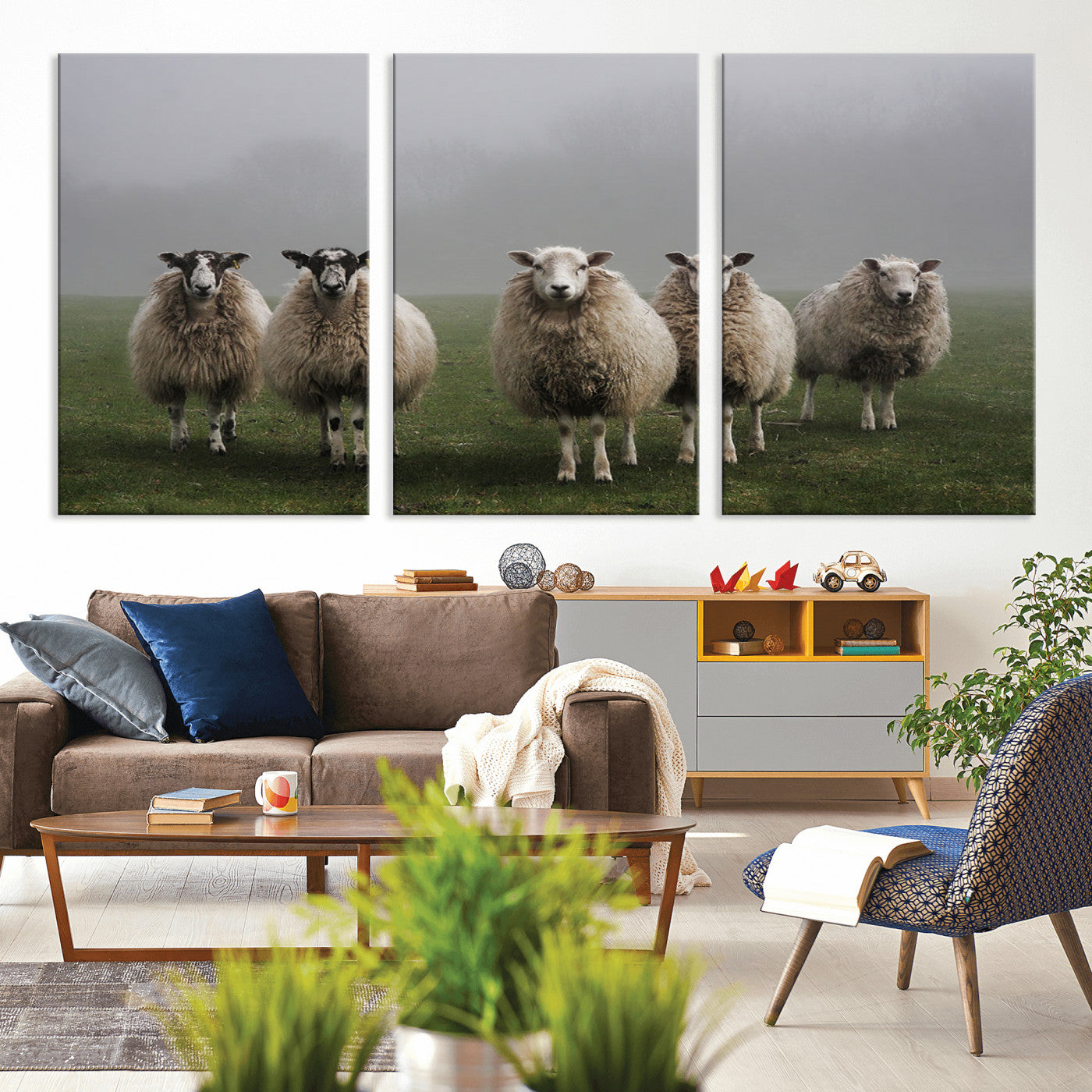 -Flock of Sheep in a Mystical Fog – Pastoral Wall Art Canvas Print, Framed, Ready to Hang