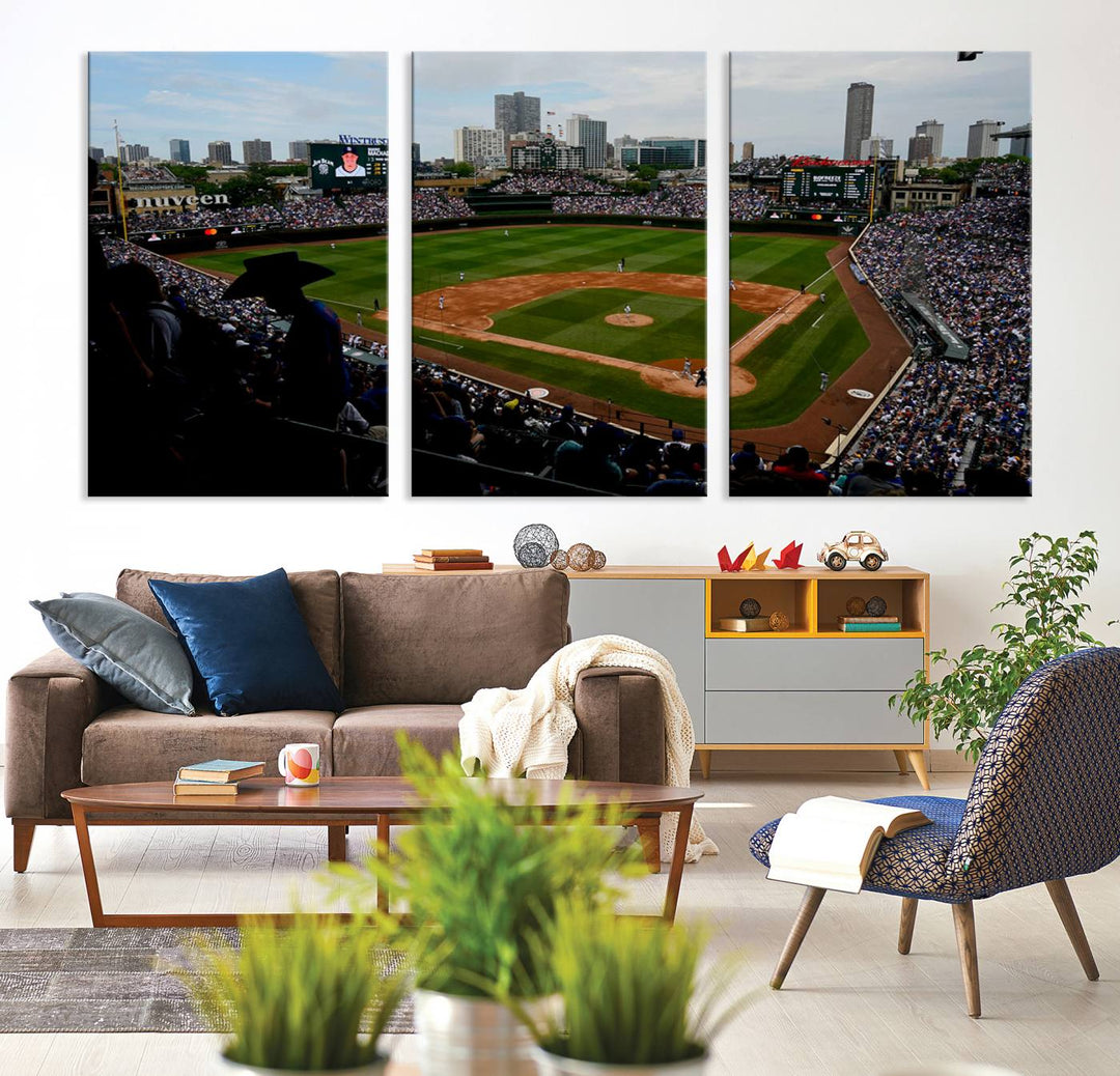 Admire this museum-quality canvas print of a Chicago Cubs game with a cityscape view from the stands at Wrigley Field.