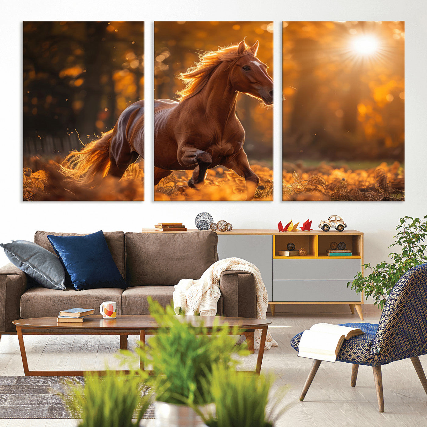 -Running Horse Sunset Forest Wall Art Canvas Print