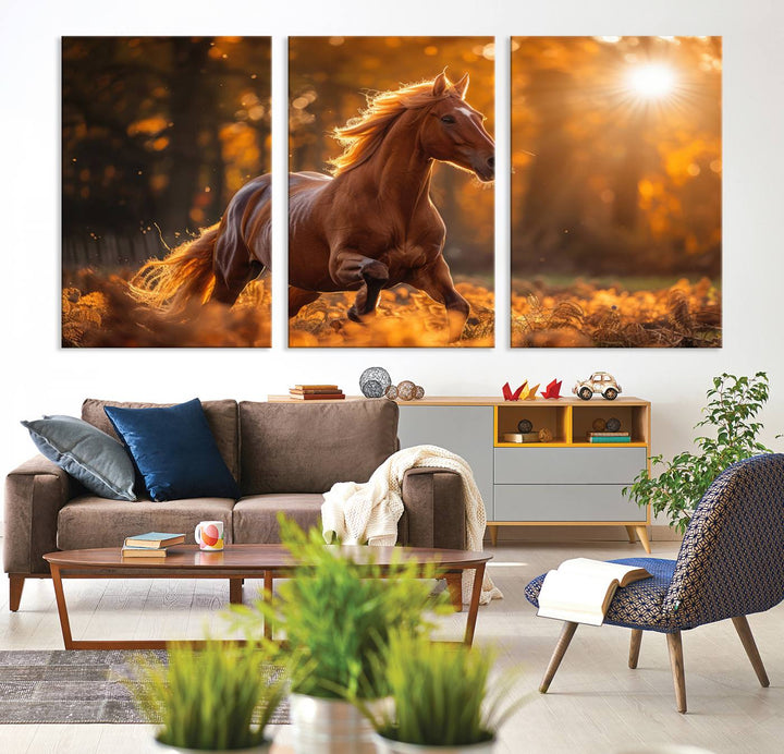 The Running Horse Sunset Forest Wall Art Canvas Print showcases a gallop in an autumn forest with sunlight streaming through the trees.