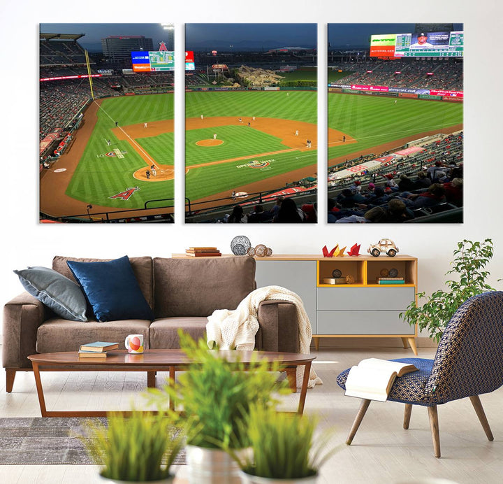 The Angel Stadium Aerial View canvas print of an Angels baseball game is showcased.