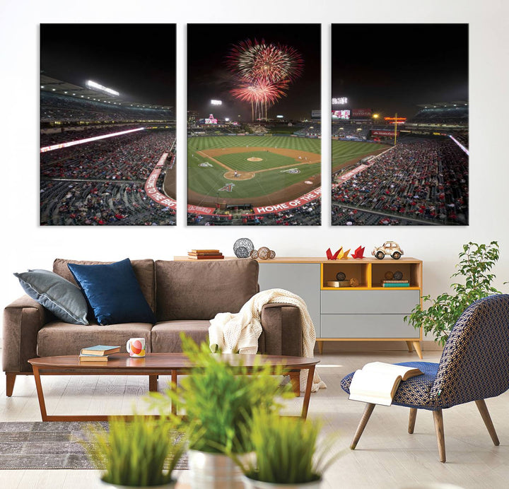 Fireworks at Angel Stadium – LA Angels Night Game Canvas Print, framed and ready to hang.