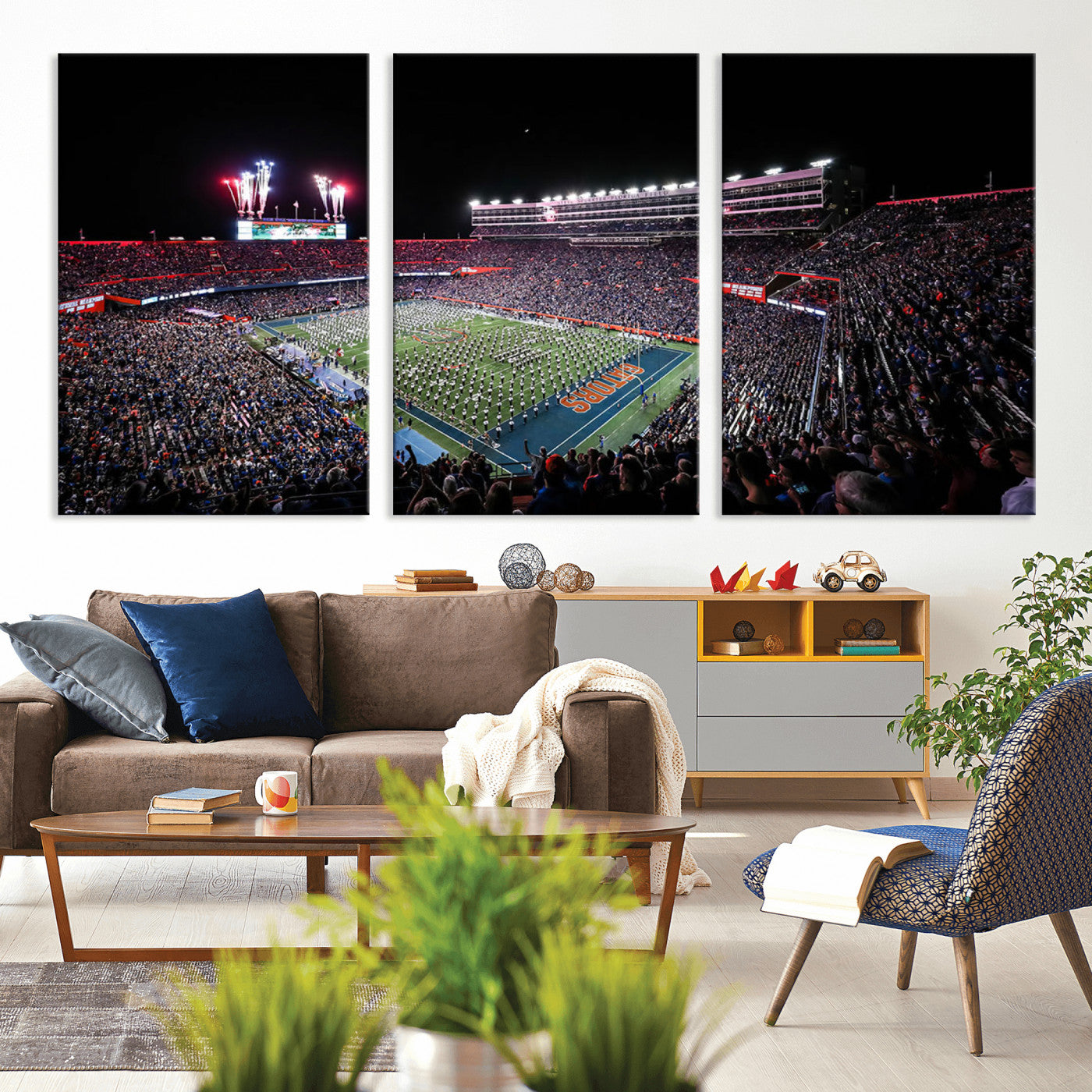 MGV-CV-60X30-3P - Ben Hill Griffin Stadium Night Game Triple Canvas Wall Art - Florida Gators Football Match