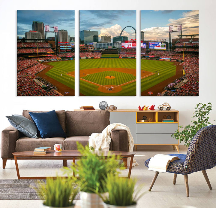 A Busch Stadium canvas print featuring a cityscape, ideal for enhancing living room or man cave sports decor.