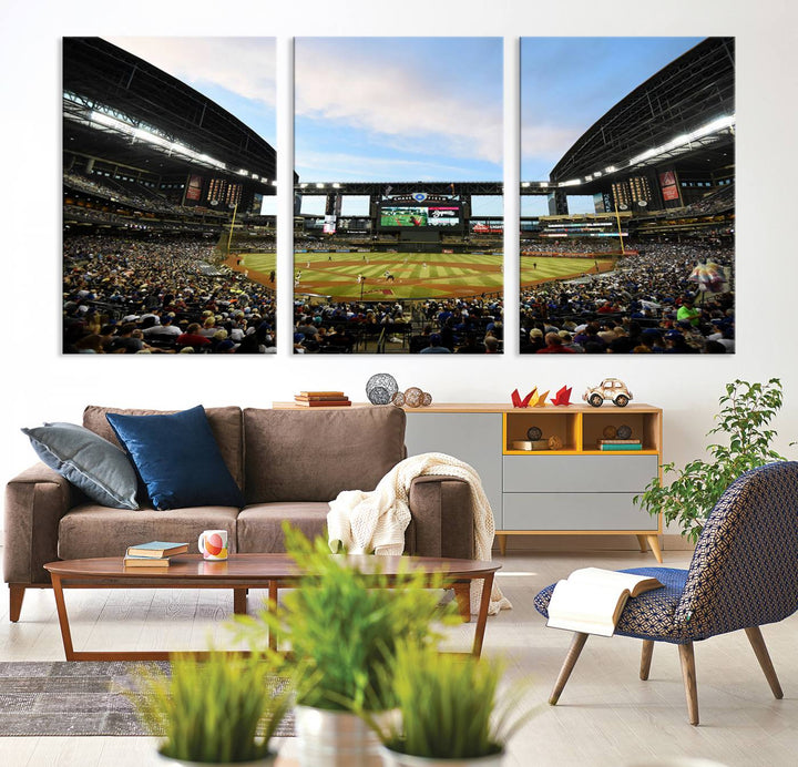 The wall art is an Arizona Diamondbacks Baseball Print depicting a packed Chase Field Stadium under a clear blue sky.