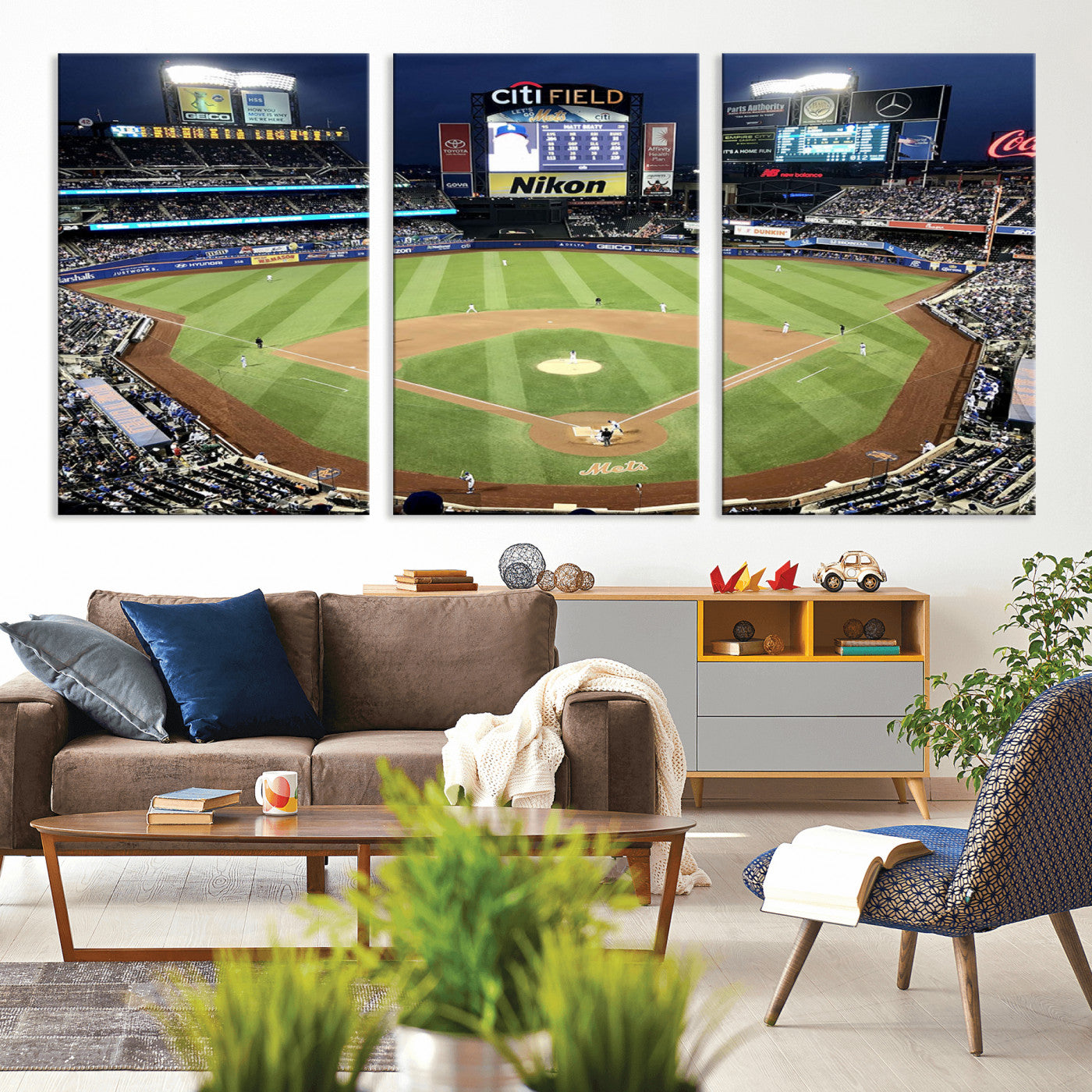 MGV-CV-60X30-3P - Citi Field Wall Art Print | 3-Panel New York Mets Baseball Stadium Canvas Print | Framed Sports Decor for Living Room, Man Cave, or Office Decor
