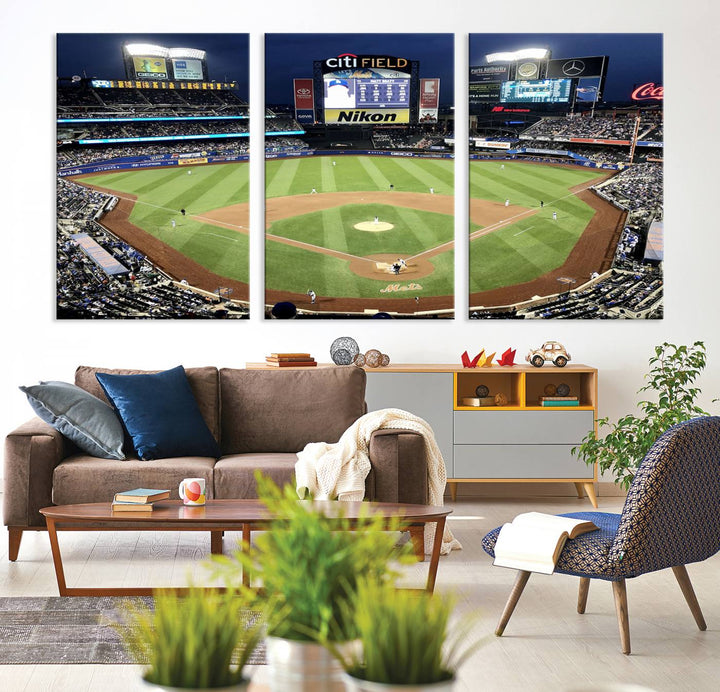 The wall is adorned with a 3-panel Citi Field Wall Art Print, framed for sports-themed decor.