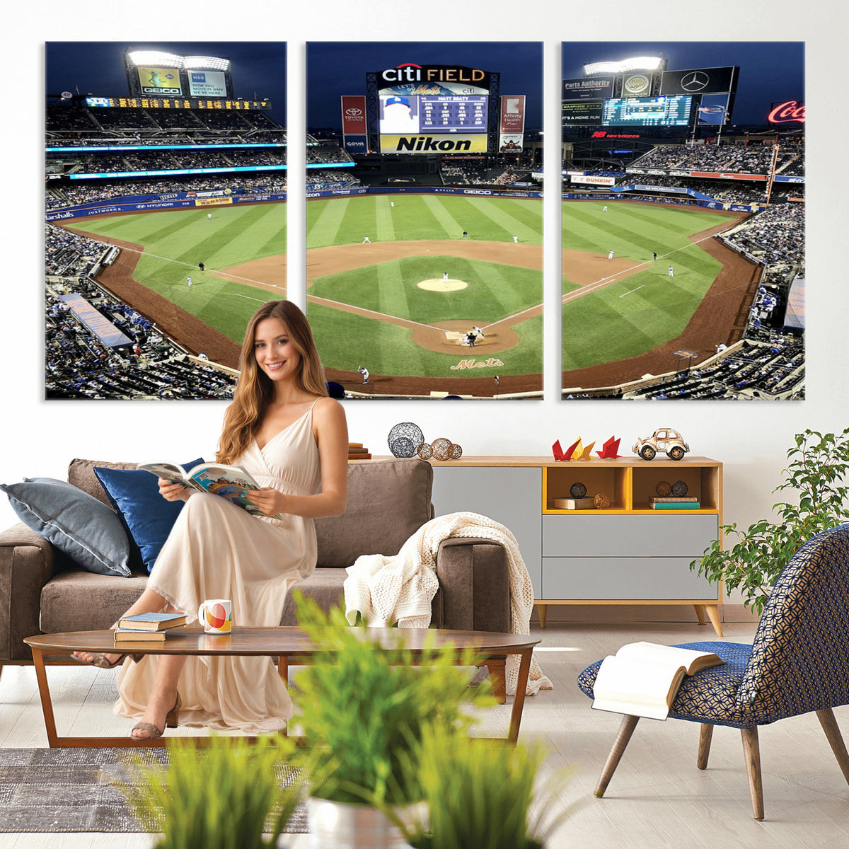 87666-MGV-CV-36X24 - Citi Field Wall Art Print | 3-Panel New York Mets Baseball Stadium Canvas Print | Framed Sports