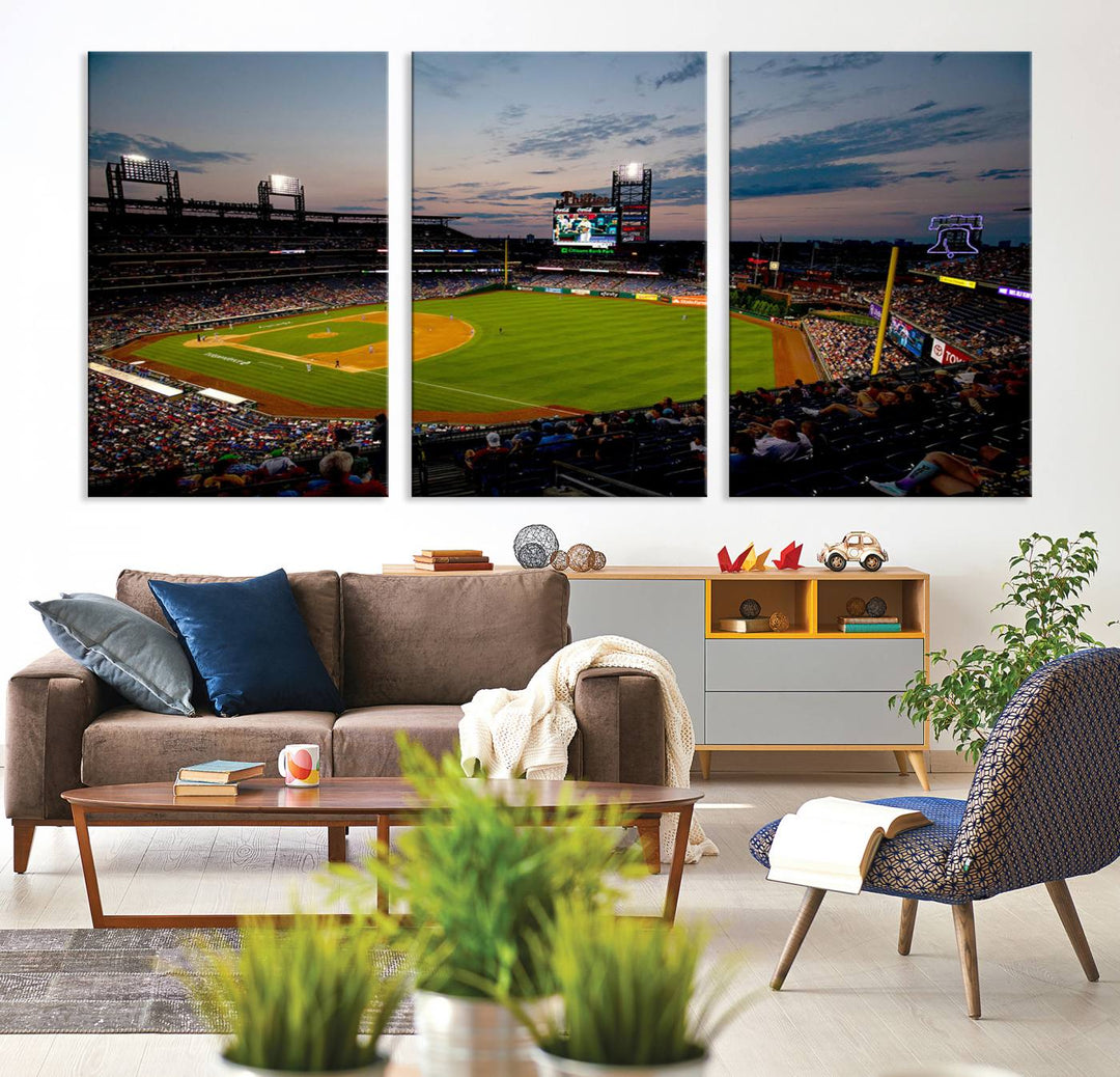 A wall art piece depicting the Philadelphia Phillies Citizens Bank Park Stadium at dusk.