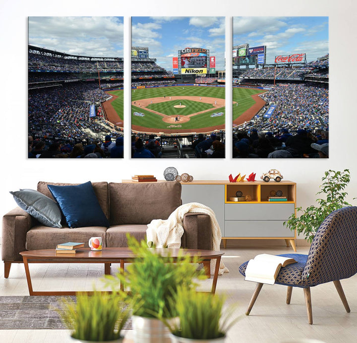 A wall art piece featuring a New York Mets Baseball Team print of Citi Field during a thrilling game under a blue sky.