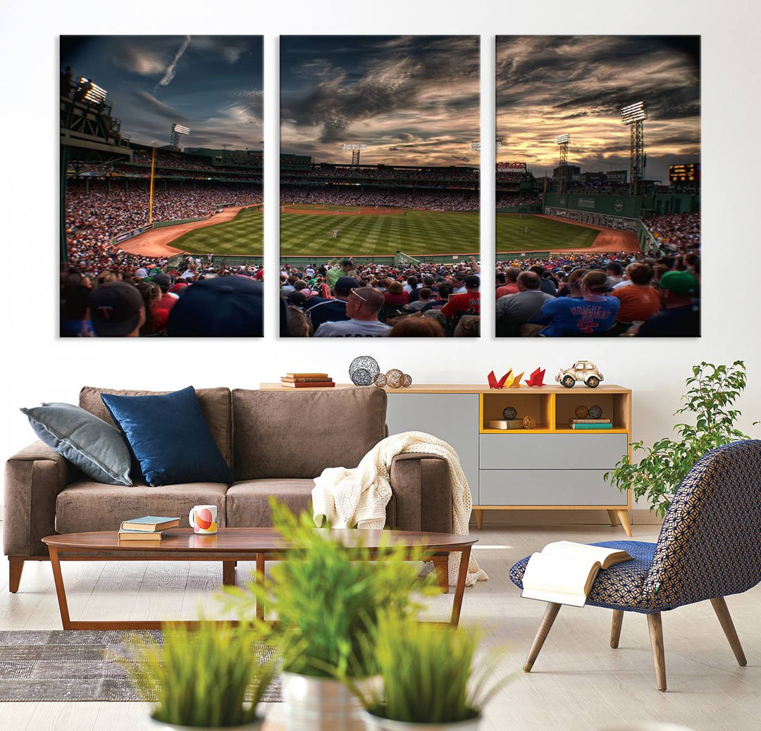 Boston Red Sox canvas print of Fenway Park at sunset, ideal for sports fans.