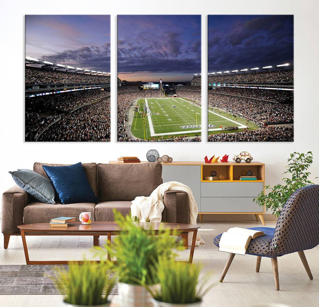 A large New England Patriots Foxborough Gillette Stadium wall art canvas print at sunset.