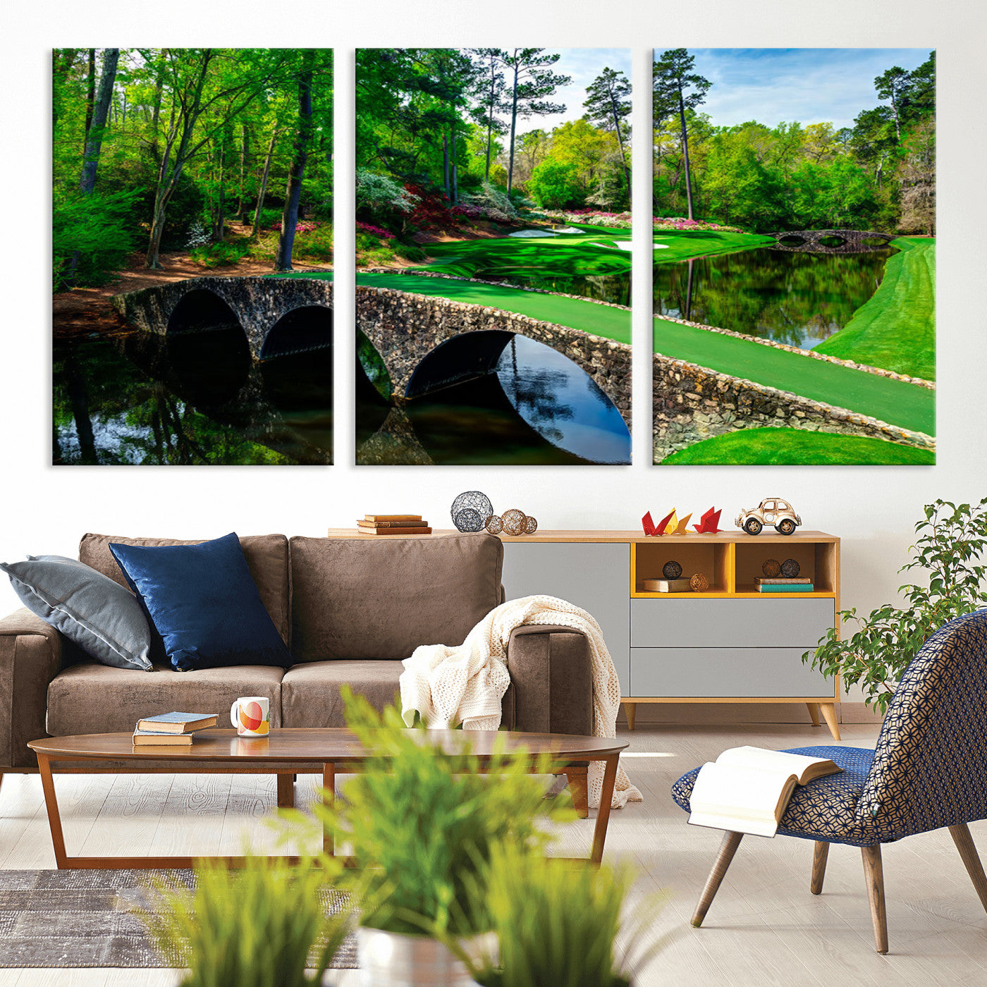 MGV-CV-60X30-3P - Augusta National Golf Club Wall Art - Panoramic Bridge & Lush Greenery – Premium Framed, Ready-to-Hang Triptych Canvas