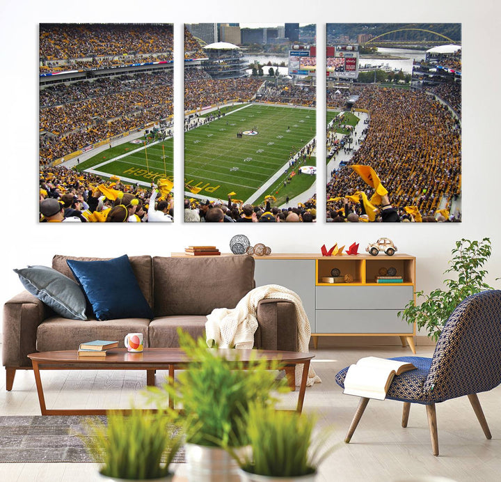 Heinz Field wall art and a cityscape serve as the backdrop.