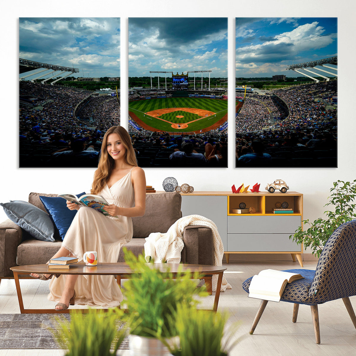 37127-MGV-CV-36X24 - 3-Panel Kauffman Stadium Wall Art Print | Large Kansas City Royals Baseball Canvas
