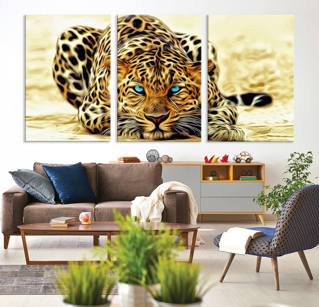 The Blue-Eyed Leopard Canvas Wall Art features a fierce and captivating design, perfect for wildlife enthusiasts. Its bold imagery makes it a striking decor piece, ready to hang.