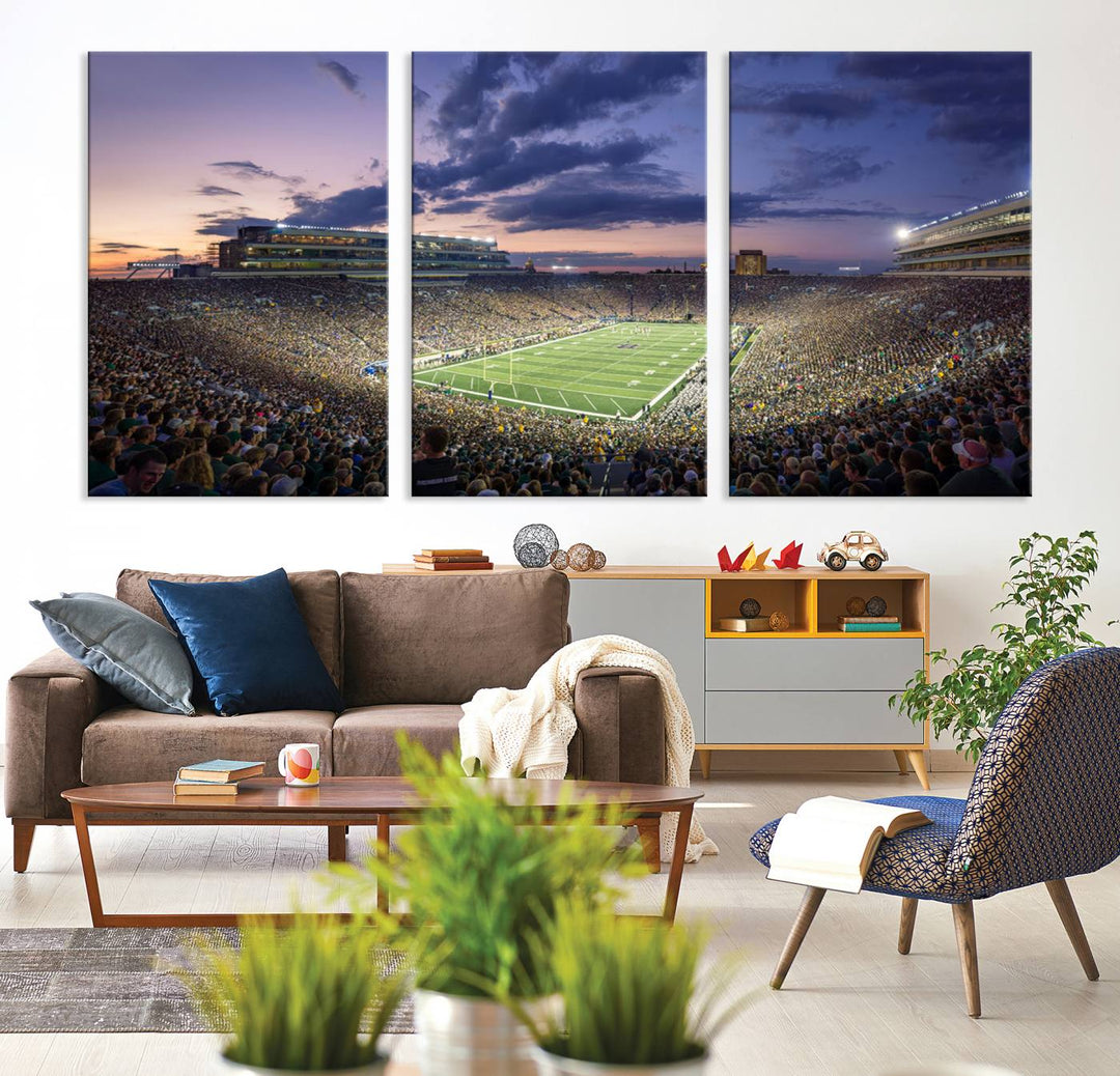 As the sun sets, a stunning backdrop highlights the Notre Dame Fighting Irish Football Team Print.