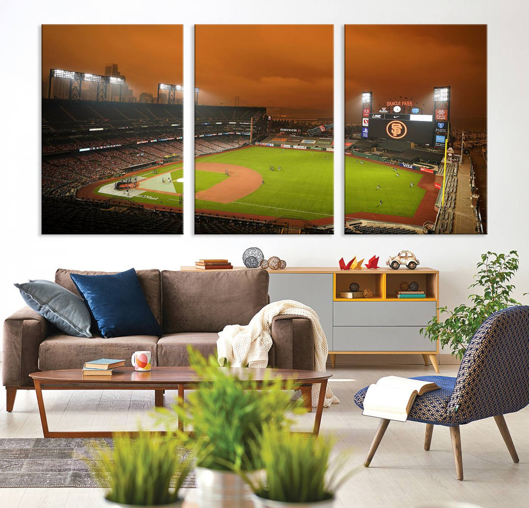 A canvas depicting an Oracle Park game with an orange sky, from SF Giants Stadium Wall Art.