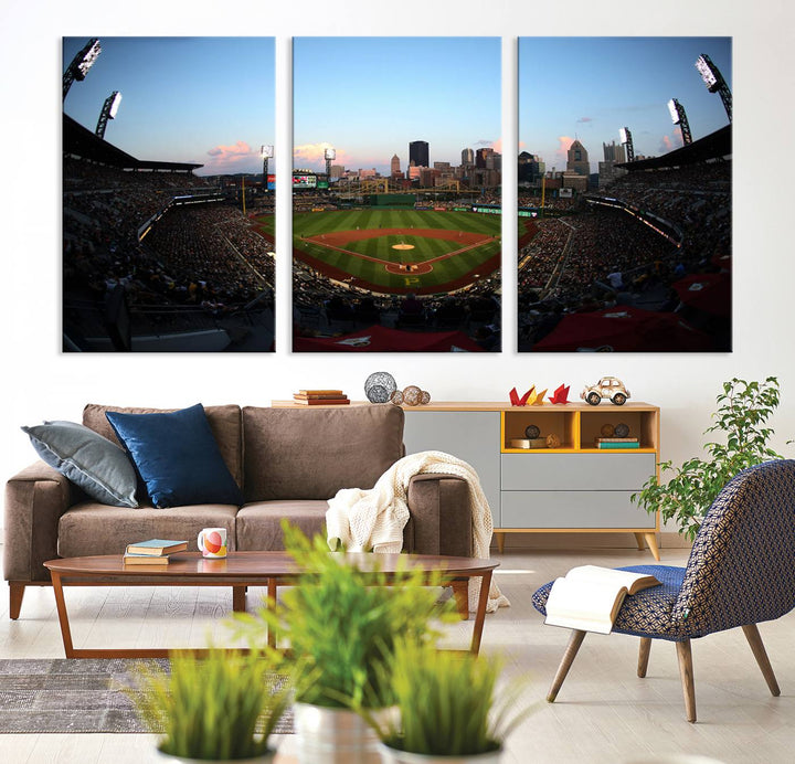 The PNC Park Evening Game Canvas, featuring a skyline backdrop, is displayed on the wall.