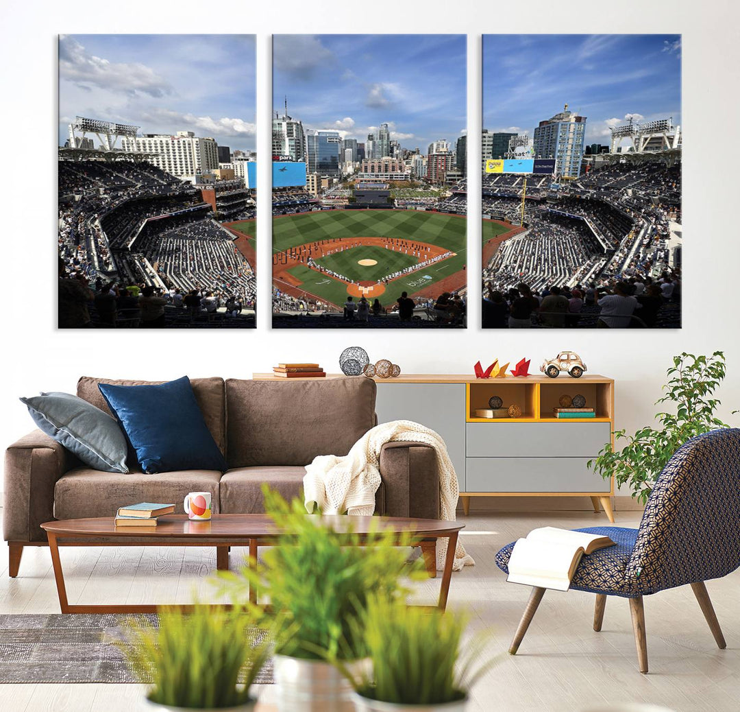 The San Diego Padres Baseball Canvas Print of Petco Park enhances the modern kitchen-dining area.