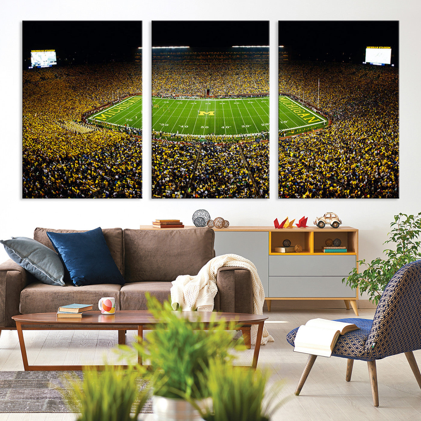 26166-MGV-CV-36X24-Stadium in Michigan Wall Art Canvas Print, Framed American Football Stadium Art Picture Print, Football Stadium Field Perfect Sports Room Decor Artwork