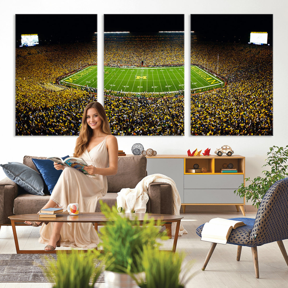 26166-MGV-CV-36X24 - Stadium in Michigan Wall Art Canvas Print, Framed American Football Stadium Art