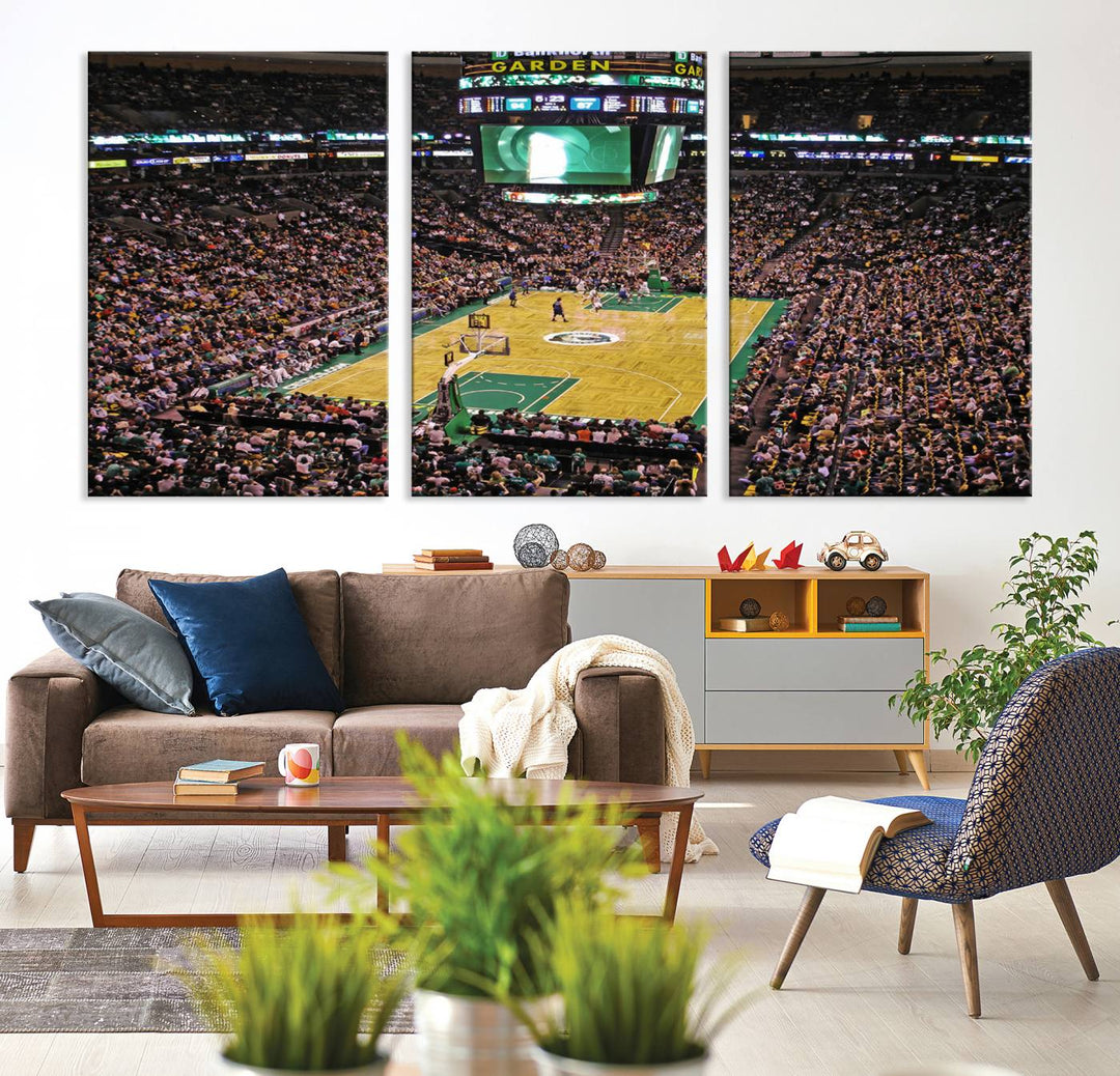 A vibrant depiction of a TD Garden basketball game is beautifully captured in the Boston Celtics Triple Canvas Wall Art, which comes framed and ready to hang.