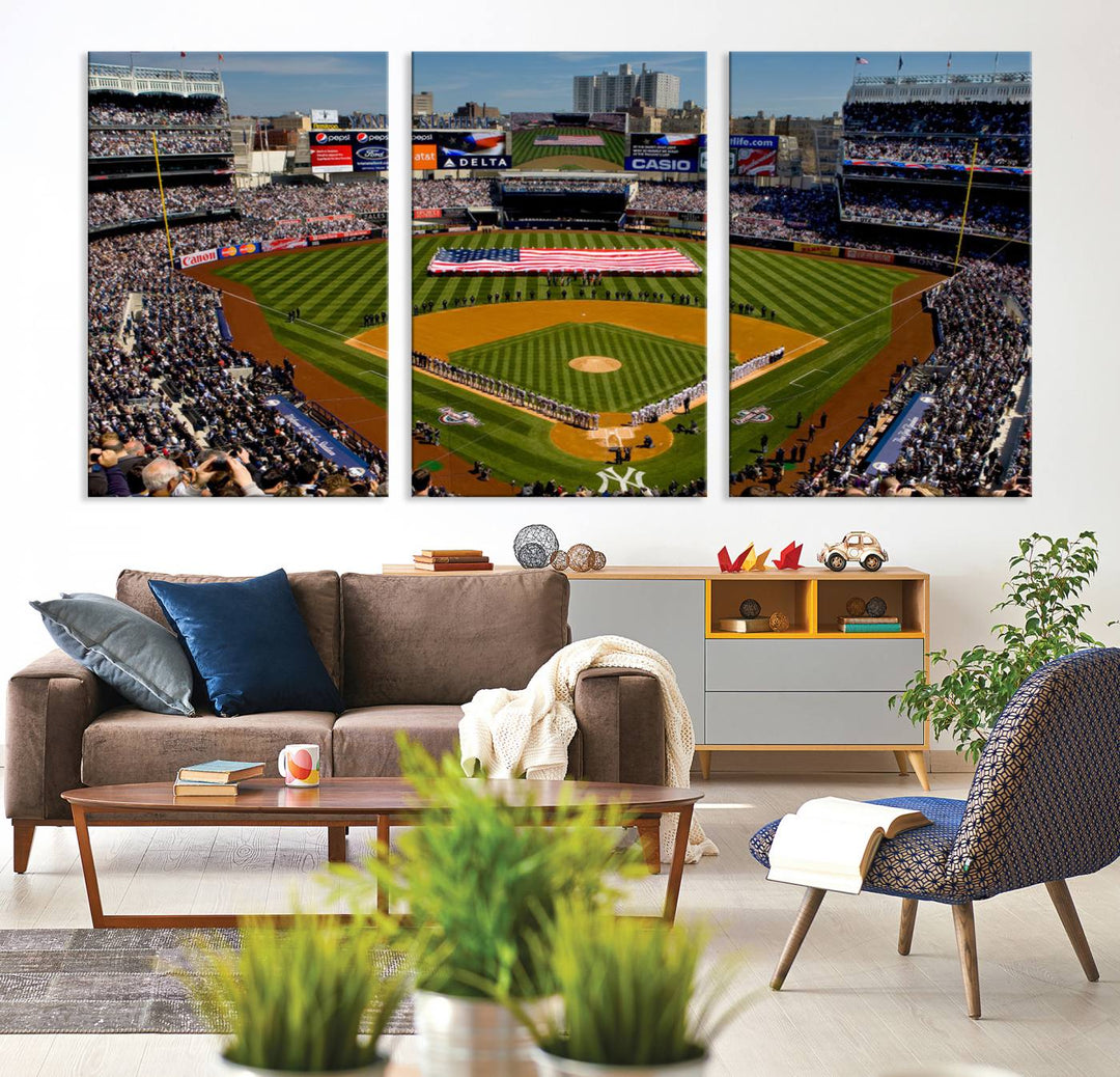 The Yankee Stadium New York wall art print features a vibrant scene of baseball fans with a large flag and players, expertly capturing the spirit of the game. This ready-to-hang décor is perfect for adding a dynamic touch to any space.