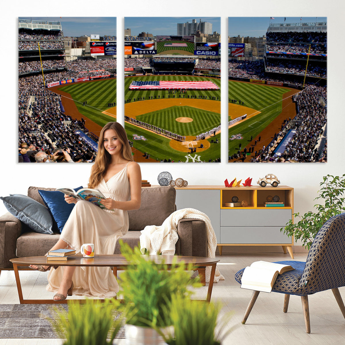 20879-MGV-CV-36X24 - Yankee Stadium New York Wall Art Print | 3-Panel Canvas Print of Yankees Baseball Stadium