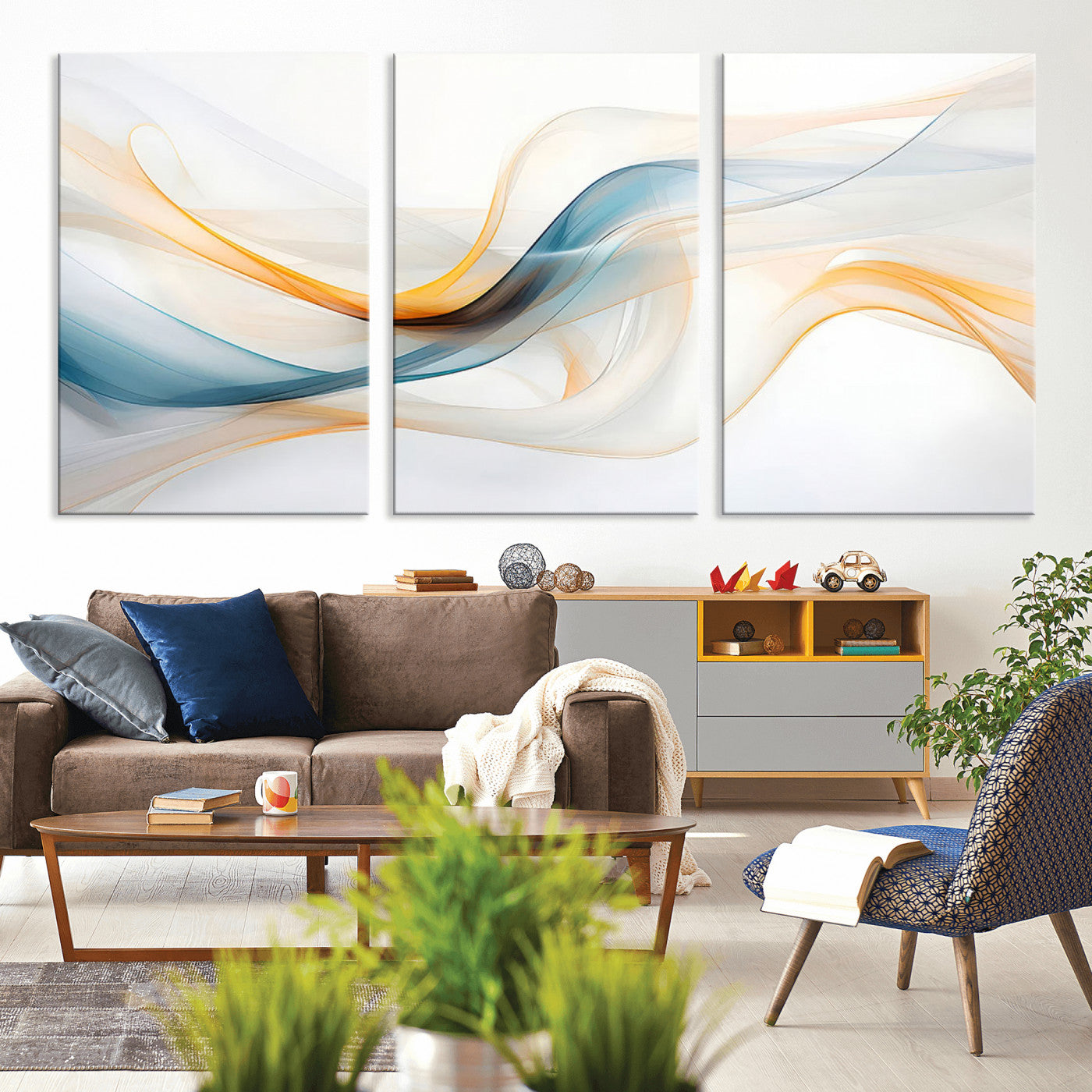 MGV-CV-60X30-3P - Decorative Turquoise Abstract Wave Wall Art Canvas Print