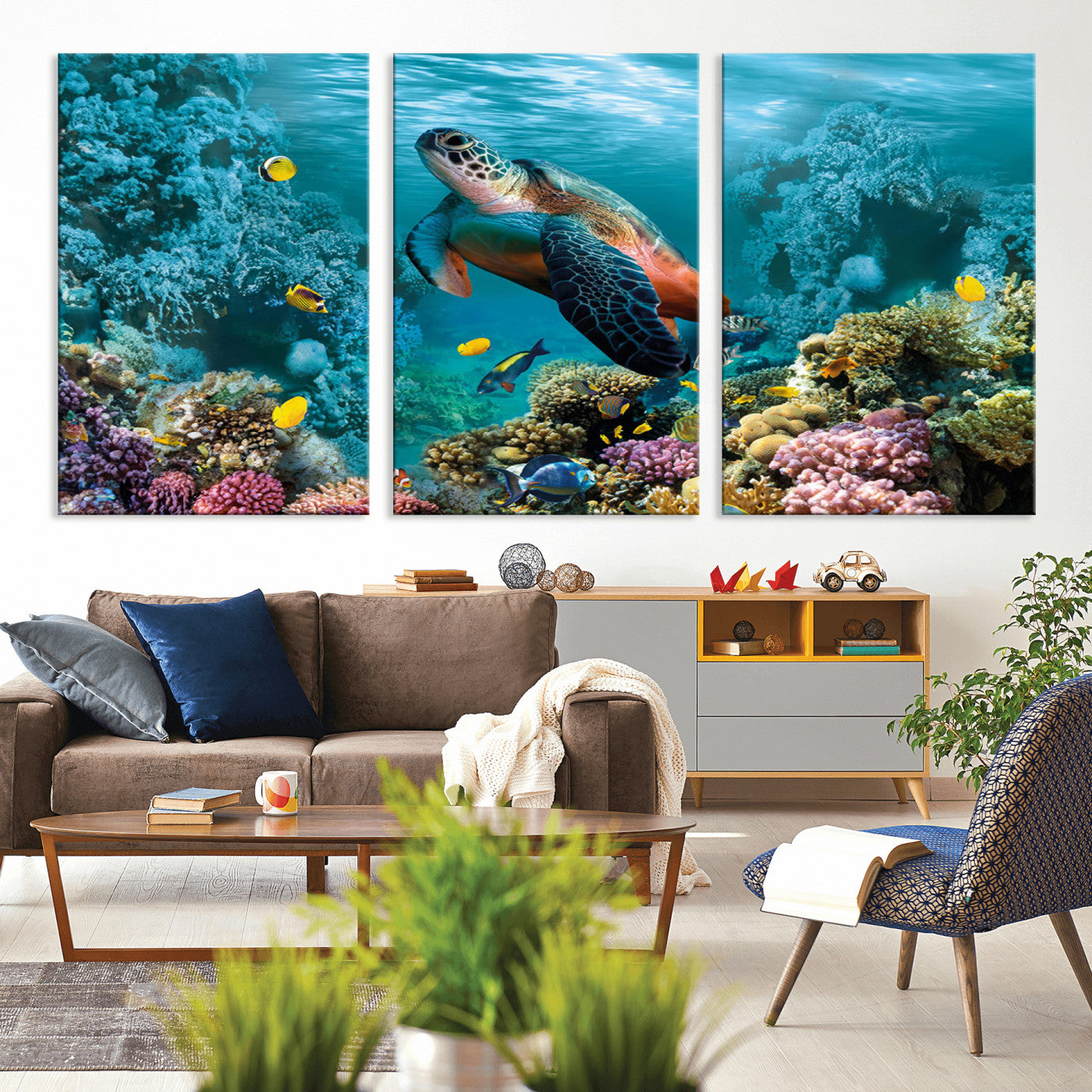 MGV-CV-60X30-3P - Sea Turtle and Coral Reef Triptych Wall Art – Vibrant Underwater Scene Canvas Set for Ocean Lovers and Coastal Decor – Ready to Hang 3-Panel Artwork